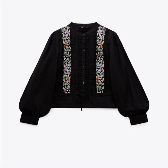 Zara black contrast embroidered pin tuck top NWT - Picture 5 of 8
